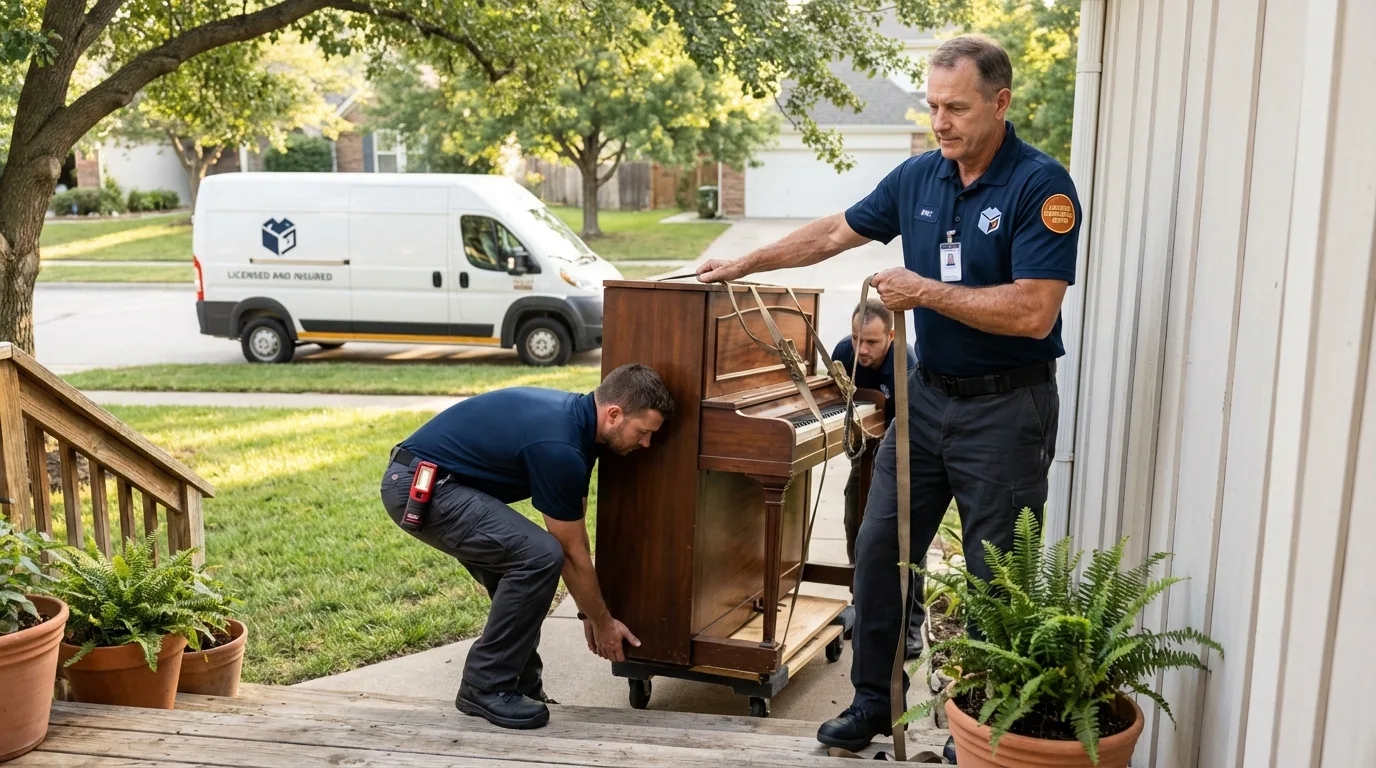 Licensed piano movers securing grand piano in Pocomoke City, MD