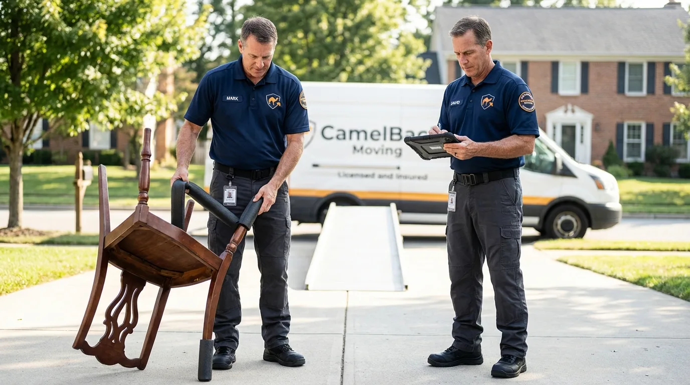 Movers inspecting furniture for damage prevention before loading in Pocomoke City, MD