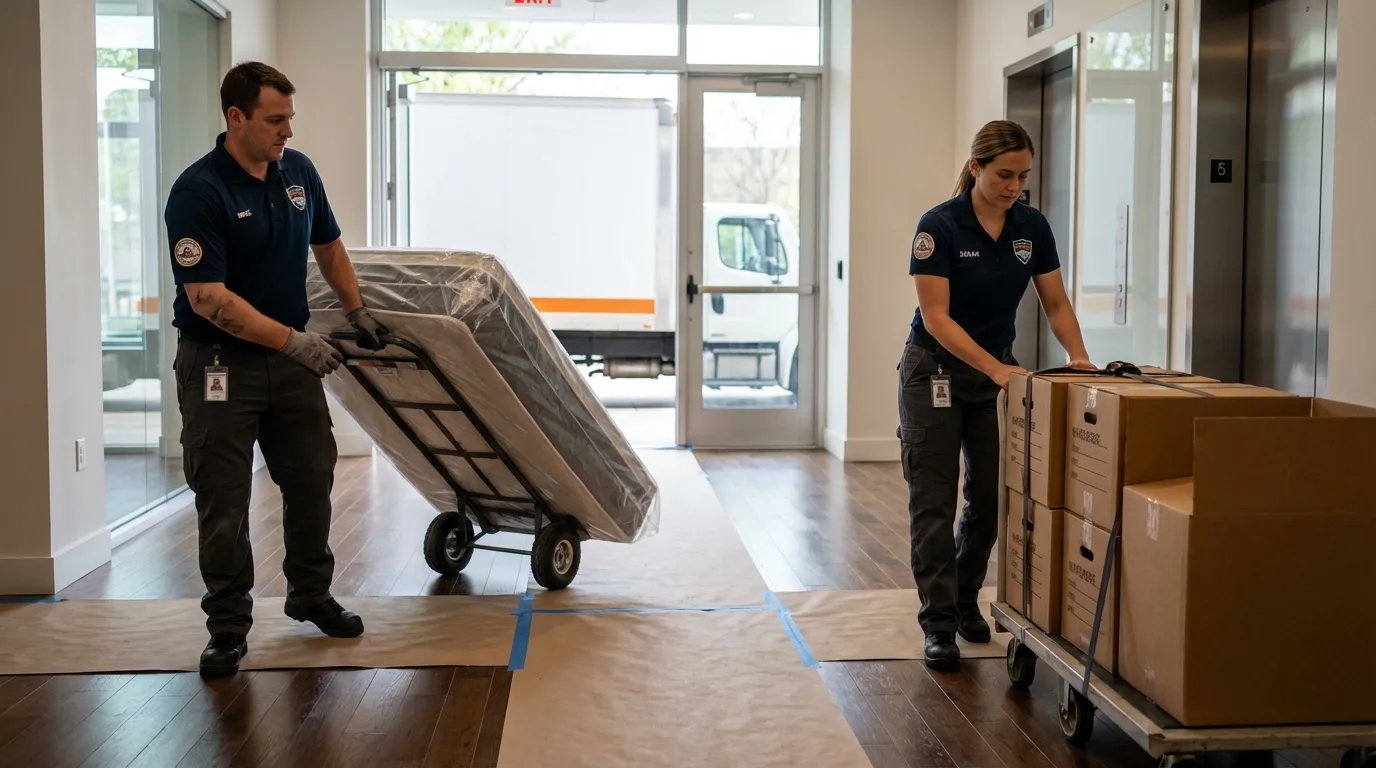 Professional apartment movers loading elevator in Pocomoke City, MD